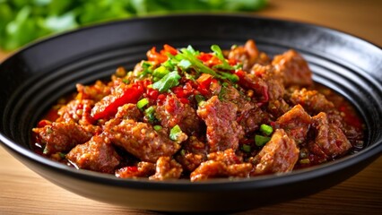 Fototapeta premium Delicious Asianinspired beef stirfry with vibrant peppers and herbs