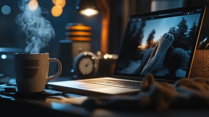 Fototapeta premium A close-up of a cluttered desk, a steaming mug of coffee next to a laptop displaying a winter fashion campaign, the clock ticking down to the deadline.