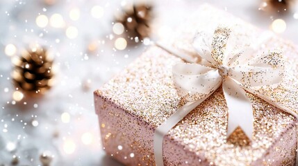  A pink gift box with a white ribbon and bow on a golden-silver background with pine cones
