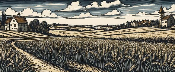 vintage medieval illustration of wheat fields with cloudy sky