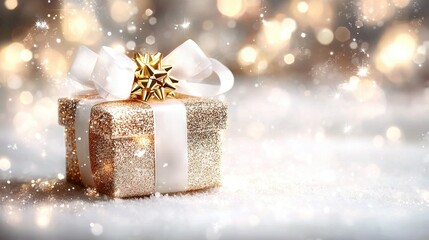  A beautifully decorated box of gold, adorned with a white ribbon and a golden star atop, surrounded by snowflakes in the serene background