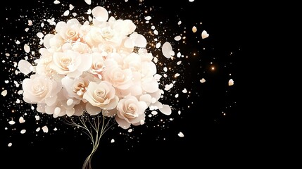 Fototapeta premium A bouquet of white roses in a vase with confetti falling from the top onto a black background