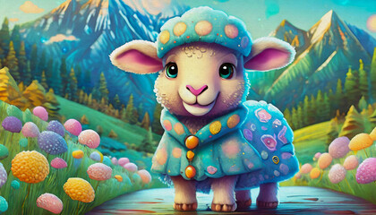 Fototapeta premium oil painting style cartoon character illustration animated A close up of a cute baby sheep 