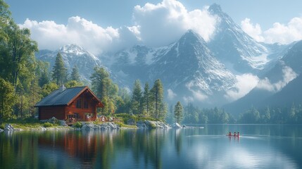 Fototapeta premium Scenic Mountain Lake Cabin with Kayaking Family