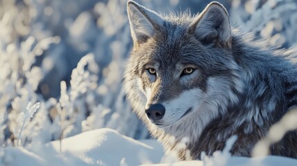 Obraz premium A lone wolf, fur dusted with snow, its keen eyes scanning the frozen landscape.
