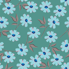 blue seamless vector stock flowers with leaves pattern on cream background