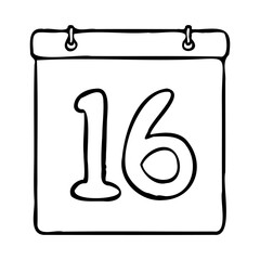 Black and white outline calendar icon. Hand drawn calendar icon image. Calendar icon concept. Calendar icon at 16th date. Fun and cute calendar design. Perfect for kids themed design, business concept