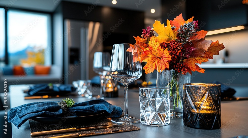 Wall mural   Wooden table with vase, wine glasses, and napkin