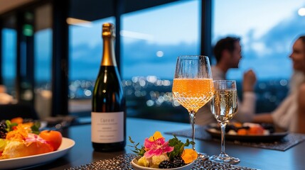 Obraz premium A pair of individuals enjoying a meal and a glass of wine at a table