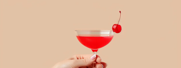 woman's hand holding a red cocktail in the air, 