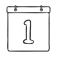 Black and white outline calendar icon. Hand drawn calendar icon image. Calendar icon concept. Calendar icon at 1st date. Fun and cute calendar design. Perfect for kids themed design, business concept