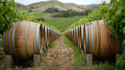 Obraz premium Wine barrels in a vineyard with hills and vineyards