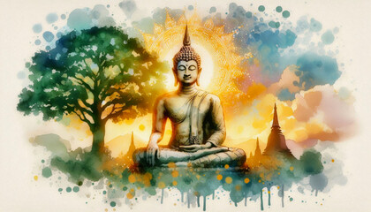 Abstract buddha statue in colorful watercolor painting, Buddhism, meditation,religious concept