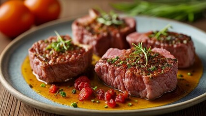 Deliciously cooked steak with a side of fresh tomatoes and herbs