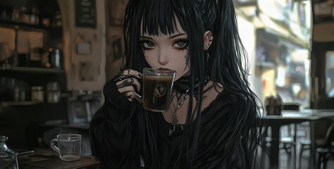 Gothic woman with dark makeup drinking coffee in a cafe
