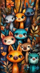 Fototapeta premium Foxes in foliage - an image of a fox group amidst leaves and flowers, with foliage at the bottom