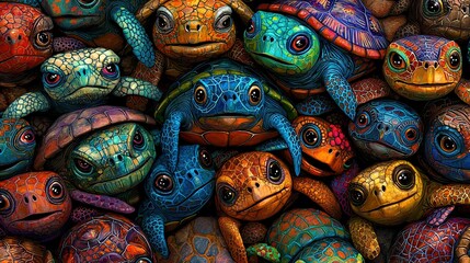 Fototapeta premium A vibrant cluster of sea turtles perched together atop a mound of similarly hued shells