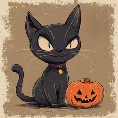 Obraz premium Mischievous black cat with a pumpkin on a spooky night