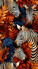   A group of zebras standing together on an orange and blue autumn leaf field