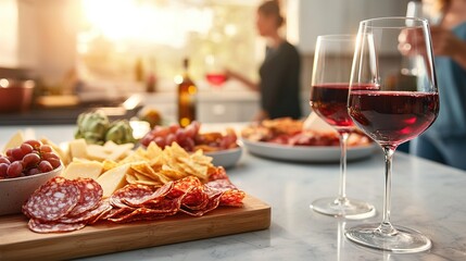   A couple of glasses of wine sitting next to a plate of food and a bowl of grapes