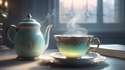Exquisite tea pair and teapot made of expensive thin porcelain glowing from within. Hot aromatic tea with a thin smoke flowing over it. Warming and invigorating background, wallpaper, banner.