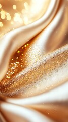   White-and-gold cloth, close-up view, blurry background featuring gold flecks