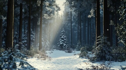 Dense winter forest with tall evergreens, snow blanketing the ground and branches