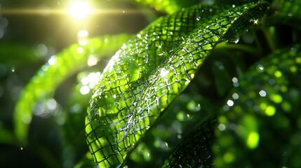   A green plant, close-up, glistening with water droplets on its leaves, under the bright sun