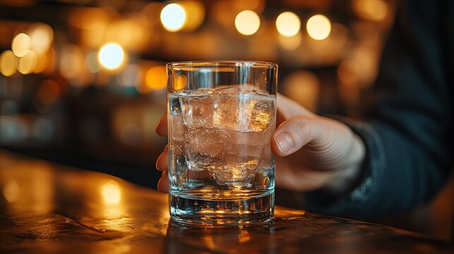A close-up of a person's hand reaching for a glass of water on a wooden surface, with a blurred background in a doft focus, indoor setting, natural lighting, shallow depth of field