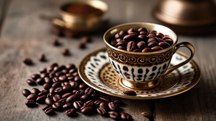 Fototapeta premium Elegant coffee cup saucer and beans on wooden table