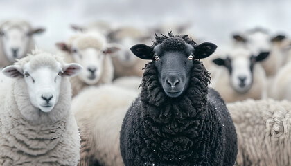 Fototapeta premium A black sheep stands out among a flock of white sheep, symbolizing the concept of an outsider introvert