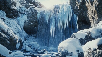 Frozen waterfall surrounded by snow-covered rocks, icicles glistening in the sunlight