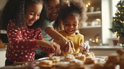 Family baking cookies together in a kitchen, fun holiday activity, children helping, joyful moment.