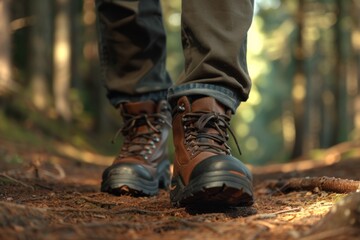 Hiking boots on a trail in the autumn forest. Travel and adventure concept. Hiking in the woods.