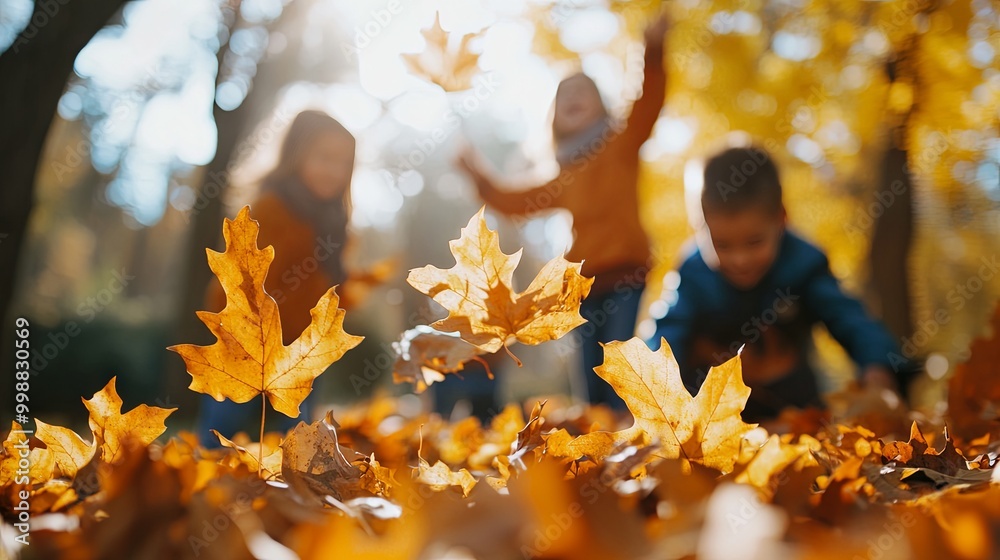 Wall mural family celebrating autumn season with orange fall leaves picking and doing an activity, blurred phot