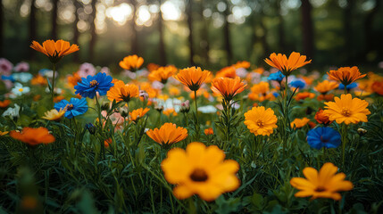 Obraz premium A meadow filled with colorful spring blooms surrounded by towering trees, with a soft breeze gently rustling the petals,