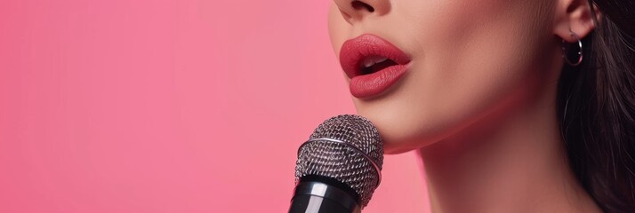 Woman sings into a microphone during a vocal lesson on a bright pink background. Place for text. Close-up