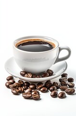 Fototapeta premium A cup of coffee atop a white saucer, companioned by a saucer brimming with coffee beans