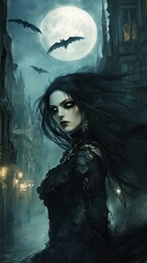 Fototapeta premium A woman in a black dress stands before a full moon, bats flit overhead, winds whip through her flowing hair