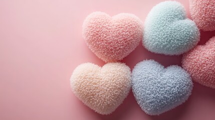 Obraz premium Cute, fuzzy heart shapes, soft hues, minimalist aesthetic, laying on solid pastel background, top view