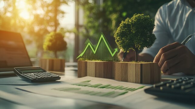 A businessman working on a financial report with green graphs and plants in the background.