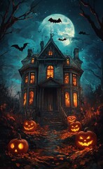  A haunted mansion adorned with pumpkins, full moon rising high behind