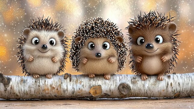   Three hedgehogs perched atop tree branches against a snow-fall backdrop with falling leaves