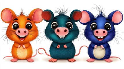 Obraz premium Three cartoon mice stand together with open mouths and wide eyes