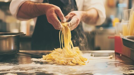Chef preparing pasta in a restaurant kitchen, focus on cooking techniques, gourmet food, professional setting.