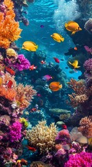 Obraz premium An underwater perspective of a vibrant coral reef teems with diverse fish species and corals at its depths