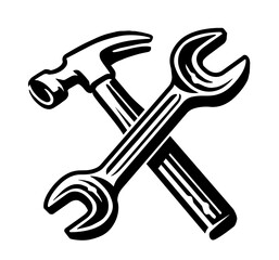 Crossed tools, hammer and wrench symbol or sign. Repair icon. Construction work, workshop emblem