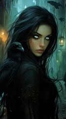 Fototapeta premium A woman in a dark alley holds a crow on her shoulder A street light illuminates the background