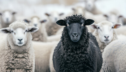Fototapeta premium A black sheep stands out among a flock of white sheep, symbolizing the concept of an outsider introvert