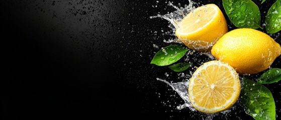  A collection of lemons with emerald leaves and water spraying from them against a black backdrop